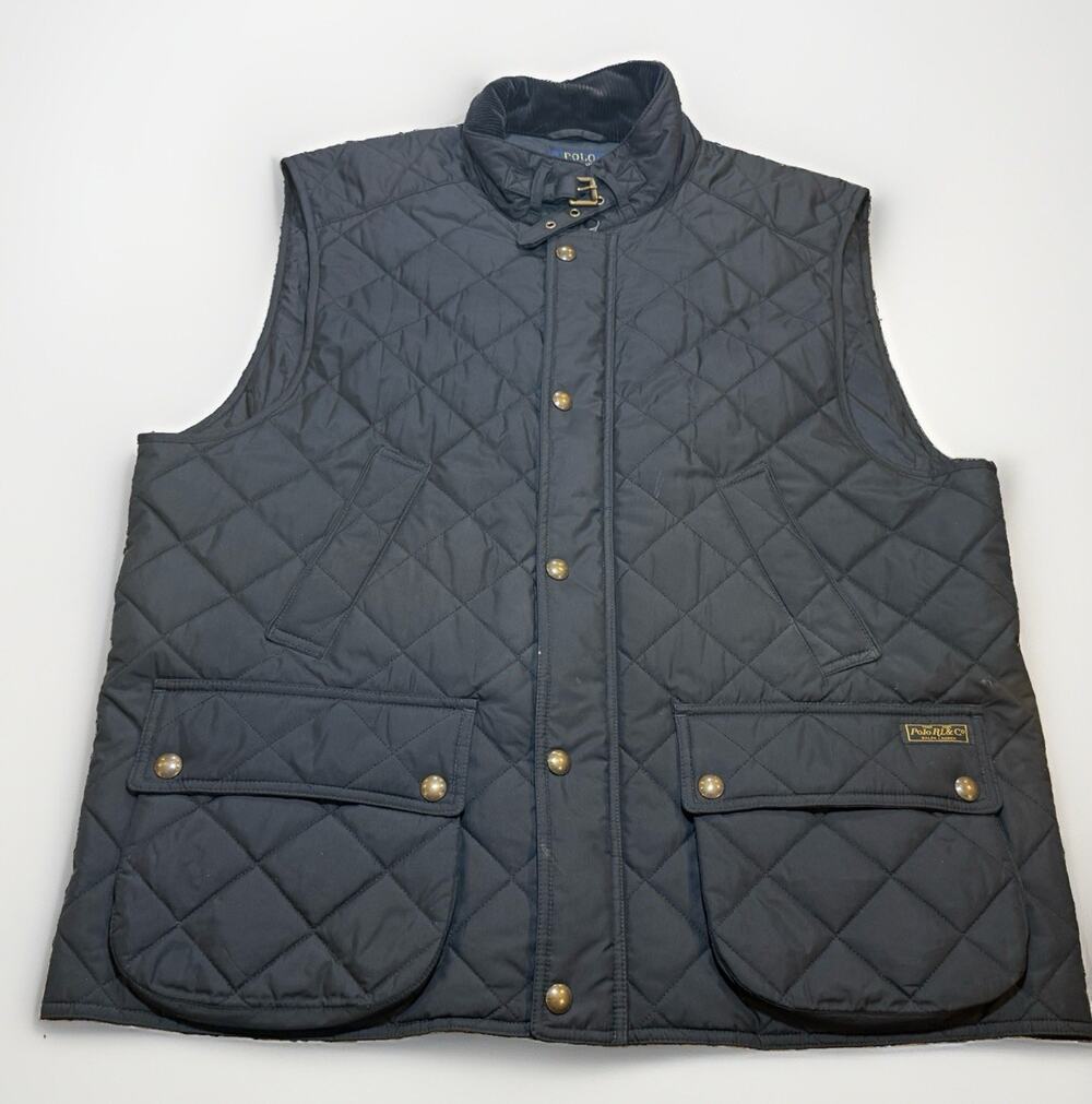 Polo Ralph Lauren Club Quilted Vest Mens Black Gold Hardware Sz XL